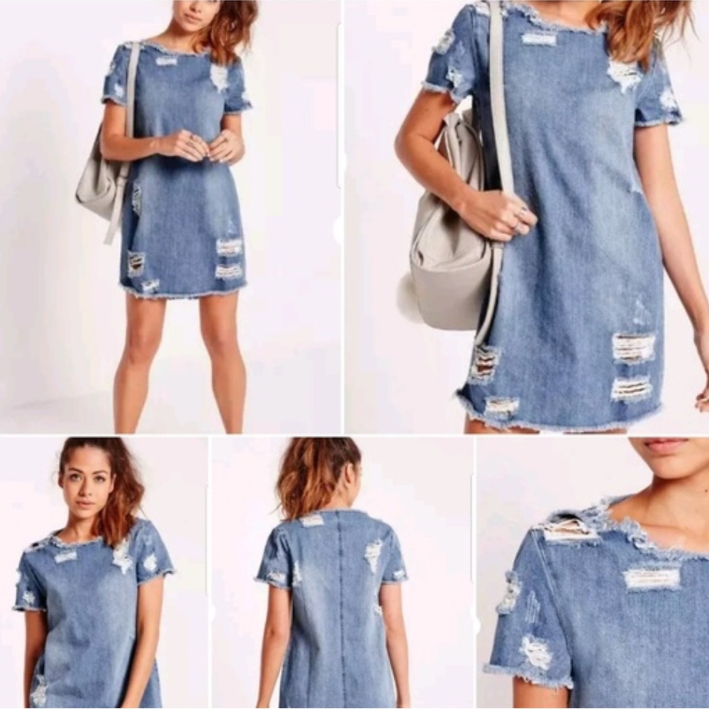 Missguided Blue Distressed Denim Mini Dress